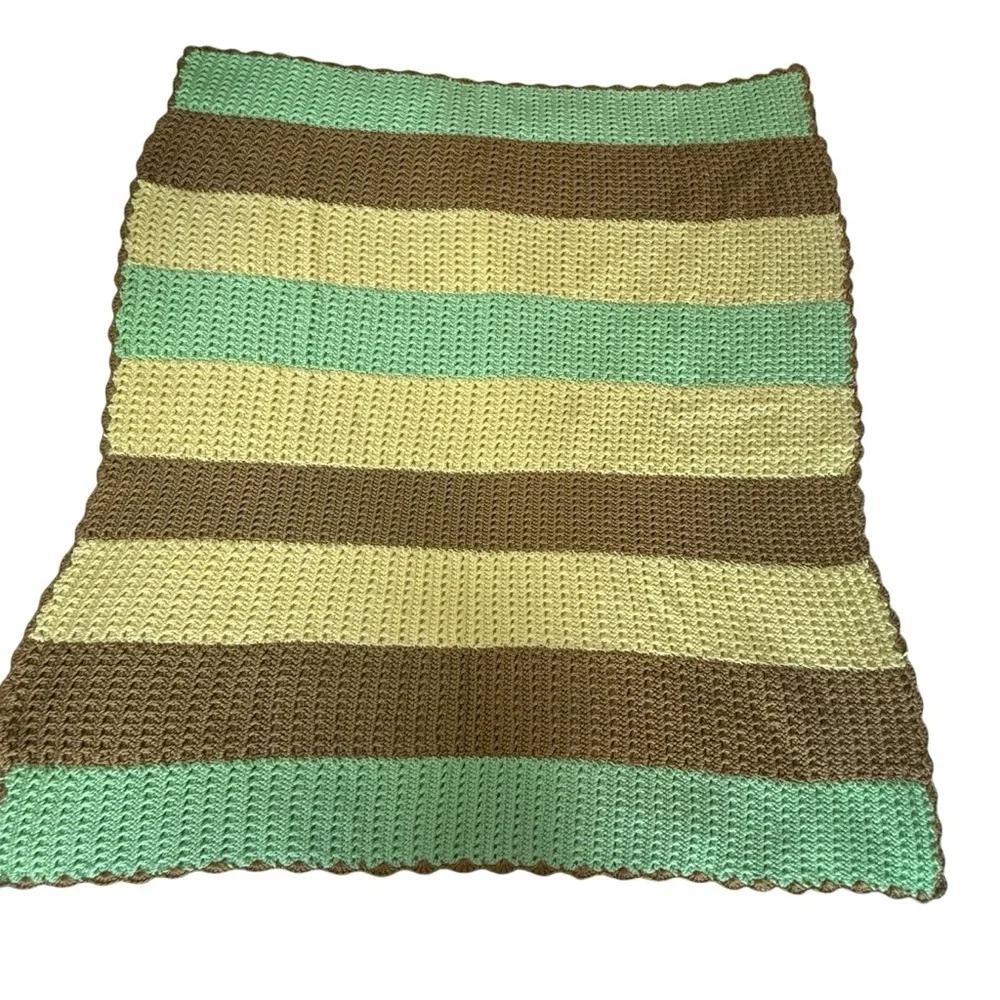 Handmade Afghan Blanket Yellow Brown Green Crochet Boho Throw Granny 47x50 Couch